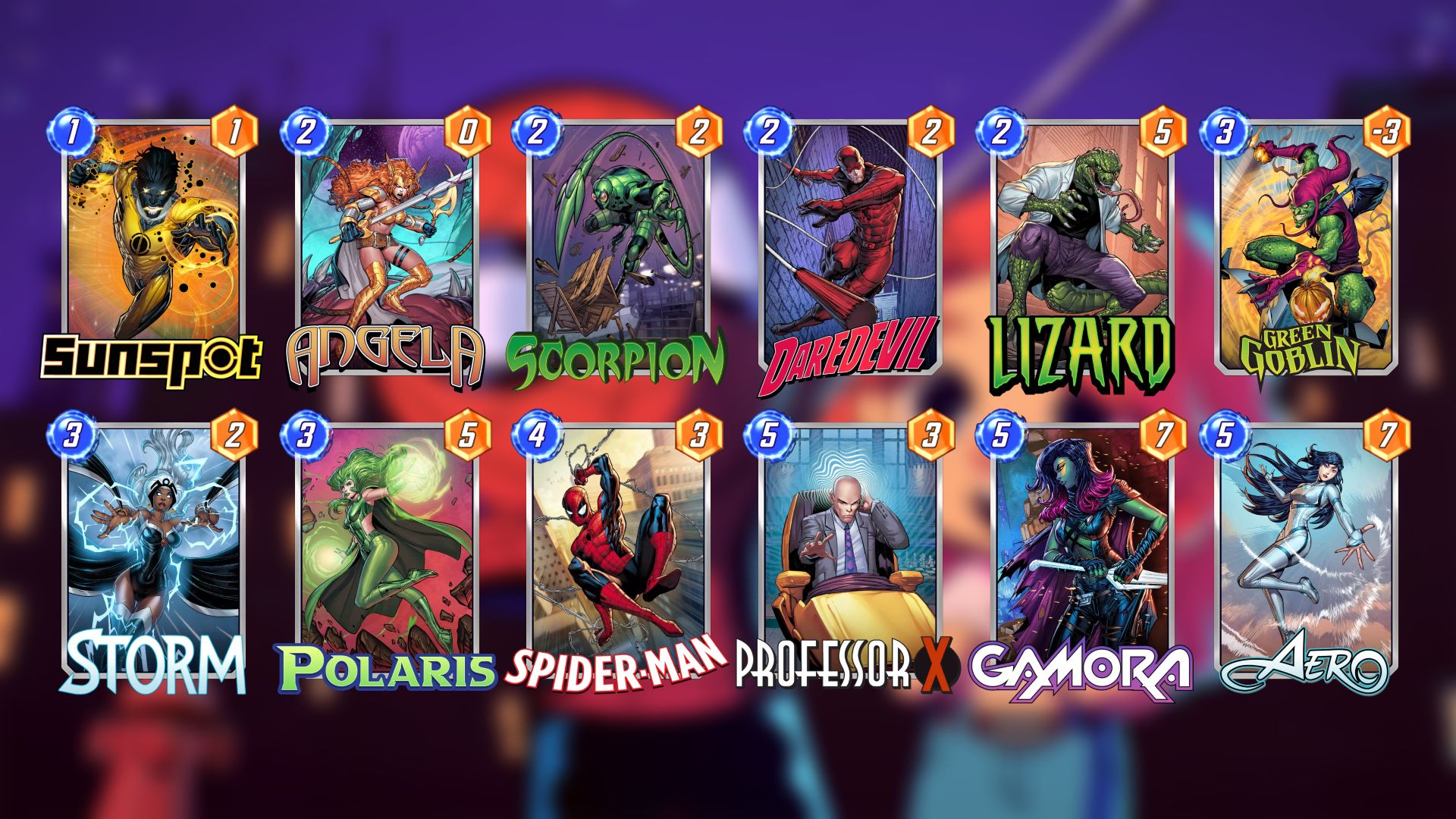 Marvel SNAP Spider-Man Deck com Professor X, Aero e Gamora