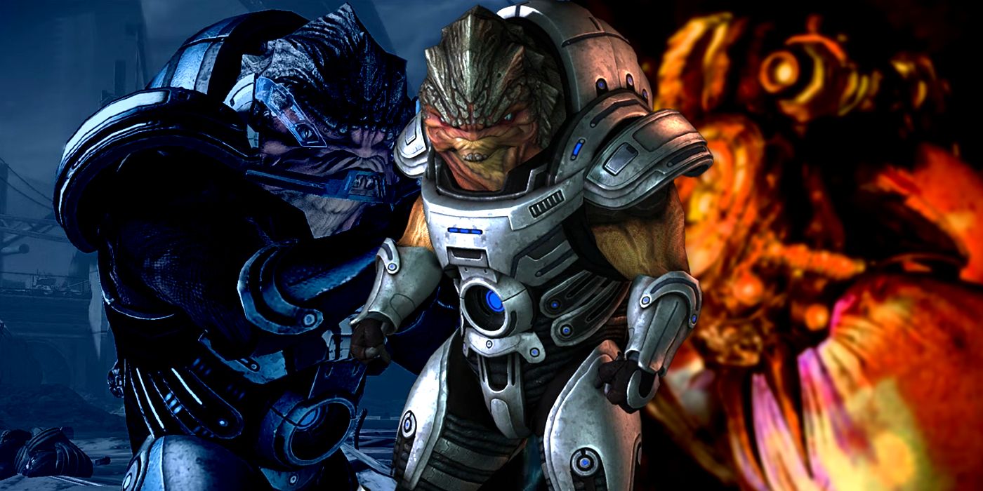 An image of Grunt in Mass Effect 3 superimposed over an image of Grunt in Mass Effect 2