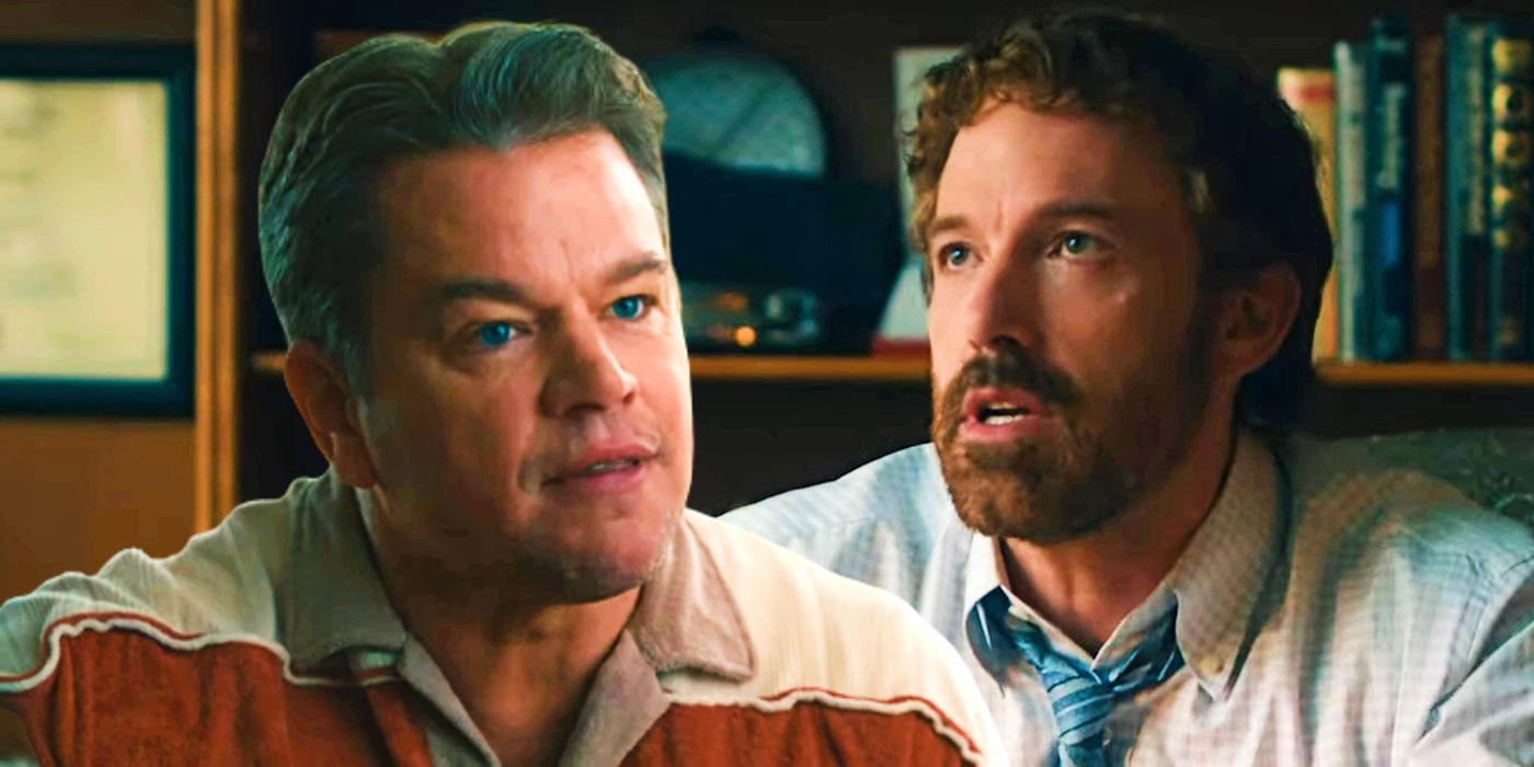 Matt Damon e Ben Affleck no ar do filme vestidos com roupas dos anos 80 com penteados da época