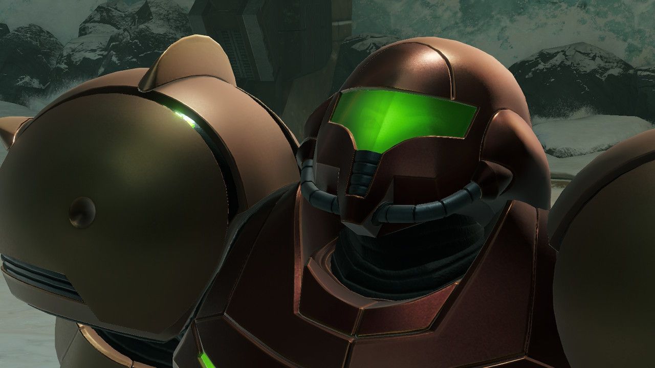 A close-up of Samus in Metroid Prime Remastered. Behind her is the frozen environment of Phendrana Drifts.