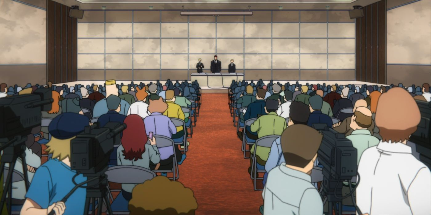 My Hero Academia: Endeavor gives a press conference on the state of affairs.