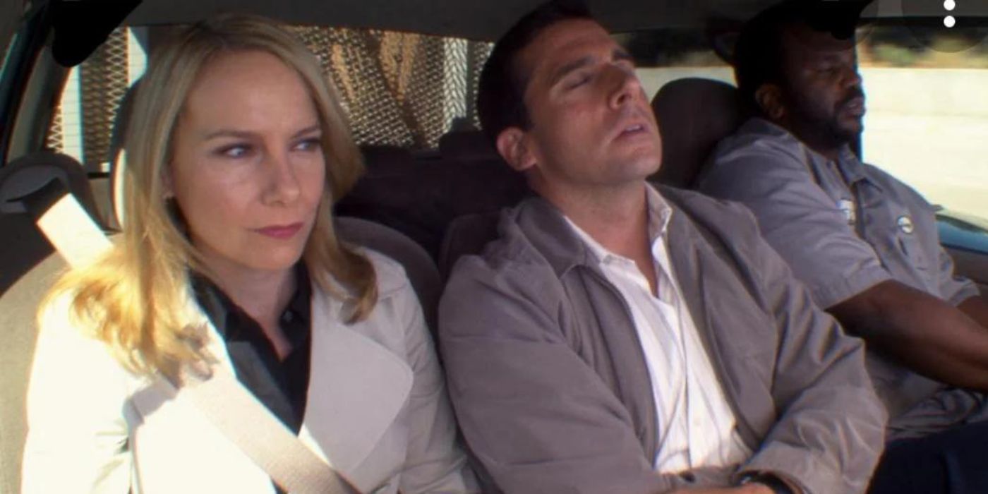 Michael, Holly, and Darryl driving on The Office