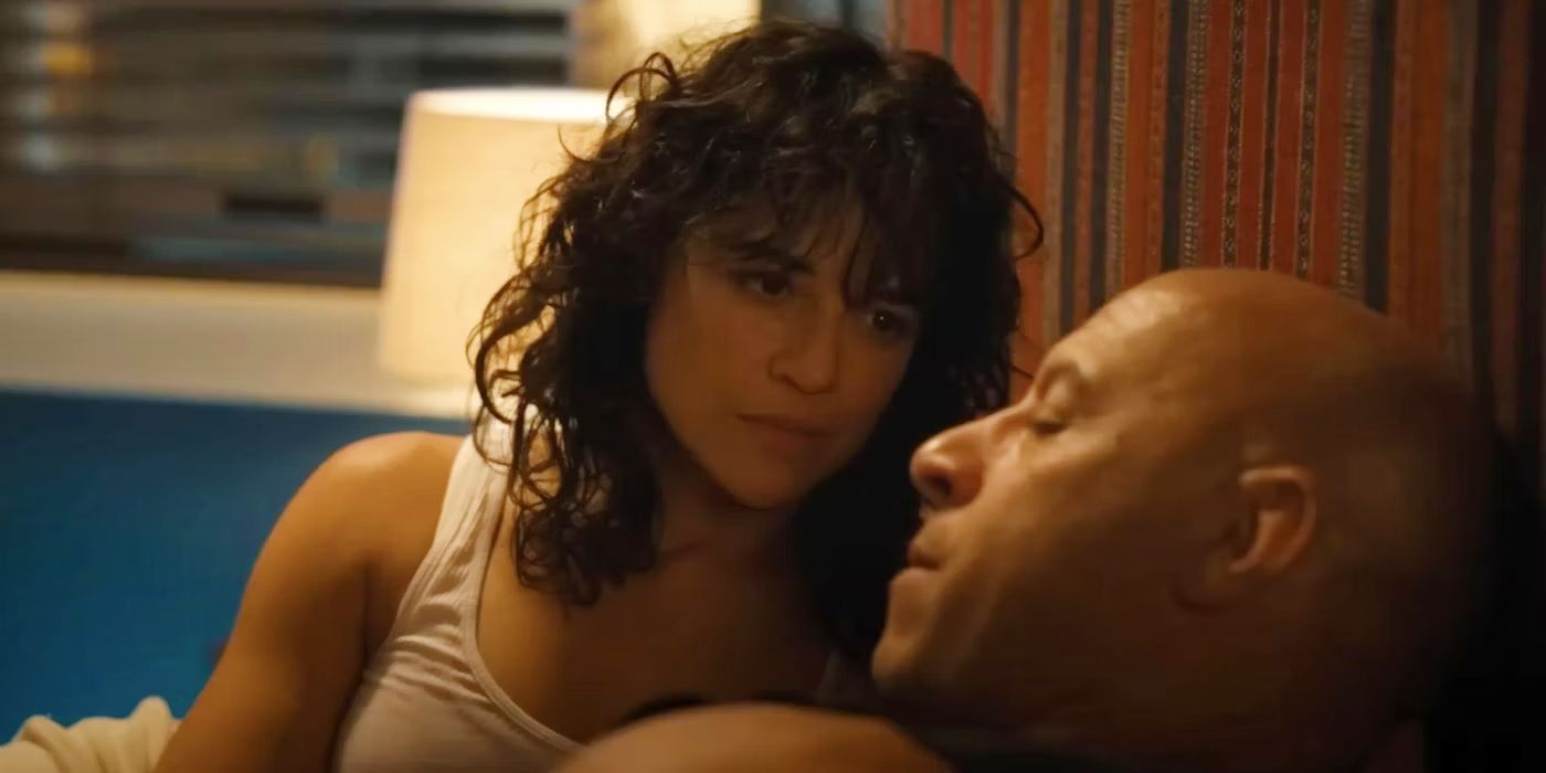 Michelle Rodriguez looking at Vin Diesel in Fast X