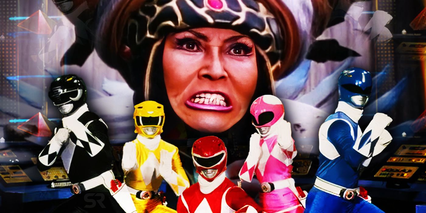 The Mighty Morphin Power Rangers (foreground) with Rita Repulsa looking angry in the background.