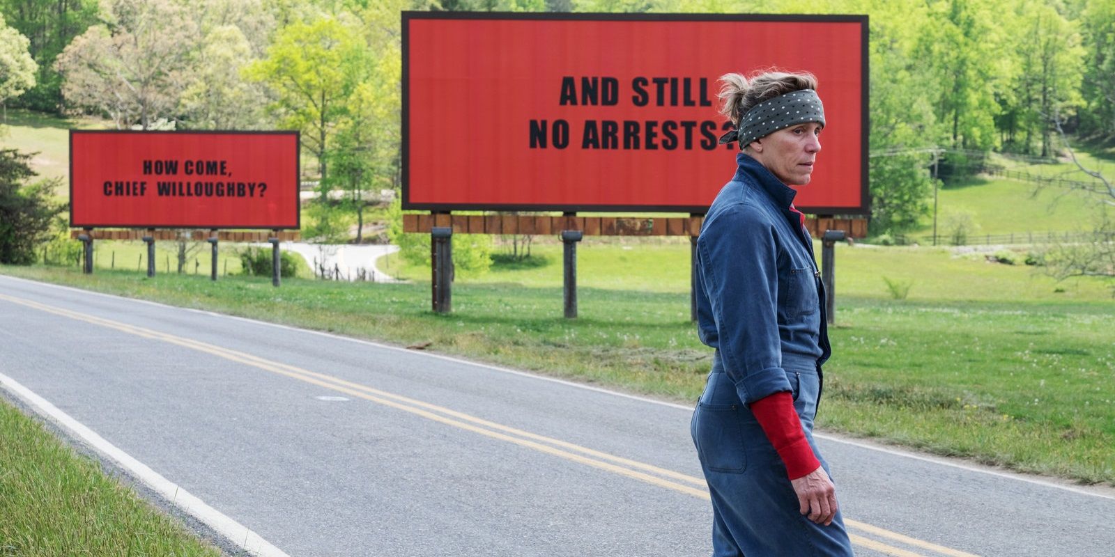 Mildred in front of her billboards in Three Billboards Outside Ebbing, Missouri