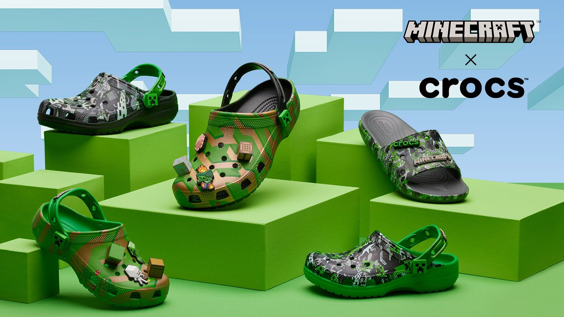 The four clogs and one slide from the Minecraft Crocs collection displayed together.