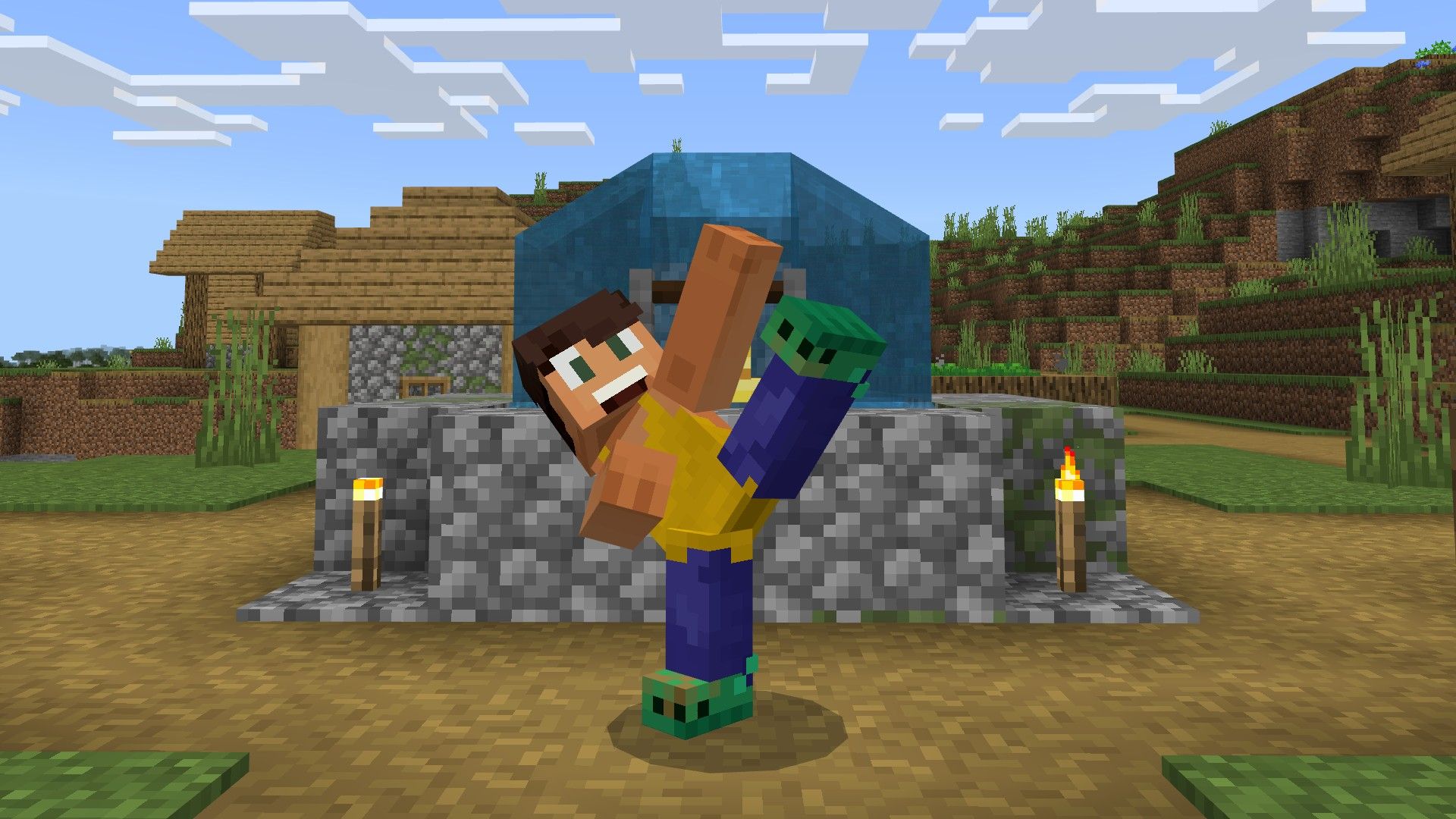 Minecraft character wearing Crocs in the game and kicking the air.