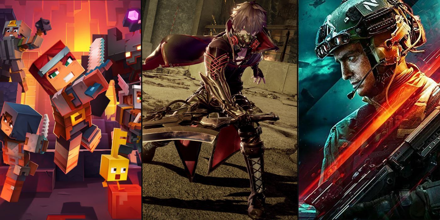 Compilation art with Minecraft Dungeon, Code Vein, and Battlefield 2042 cover art