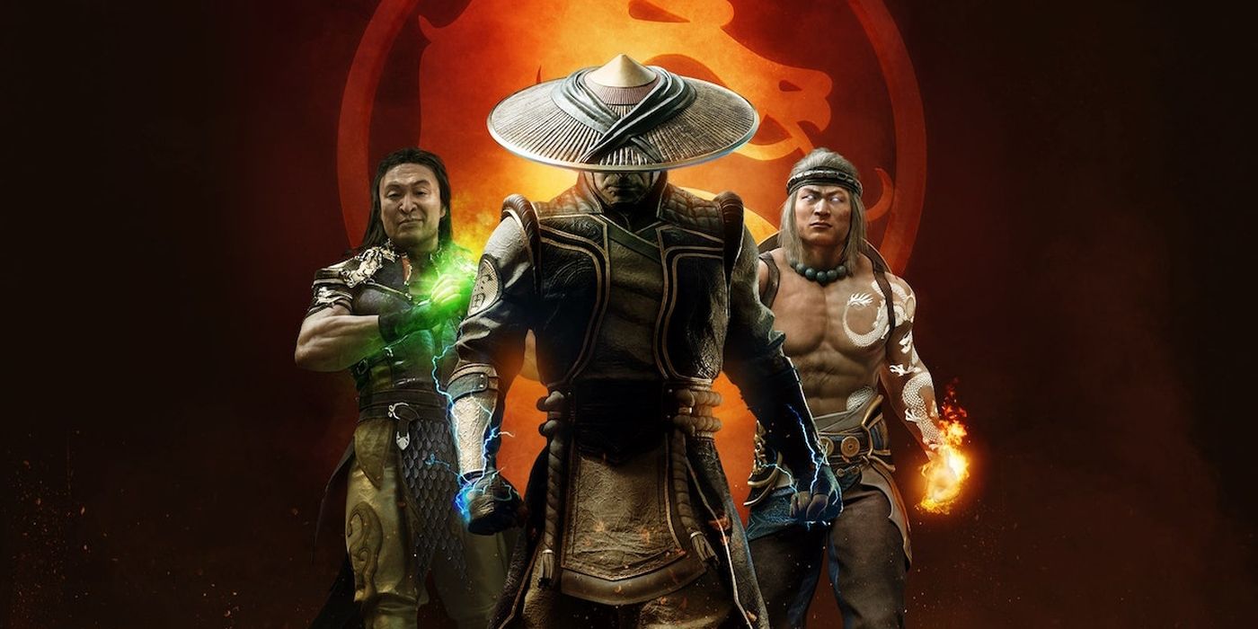 3 characters from Mortal Kombat stand in front of the logo facing forward.