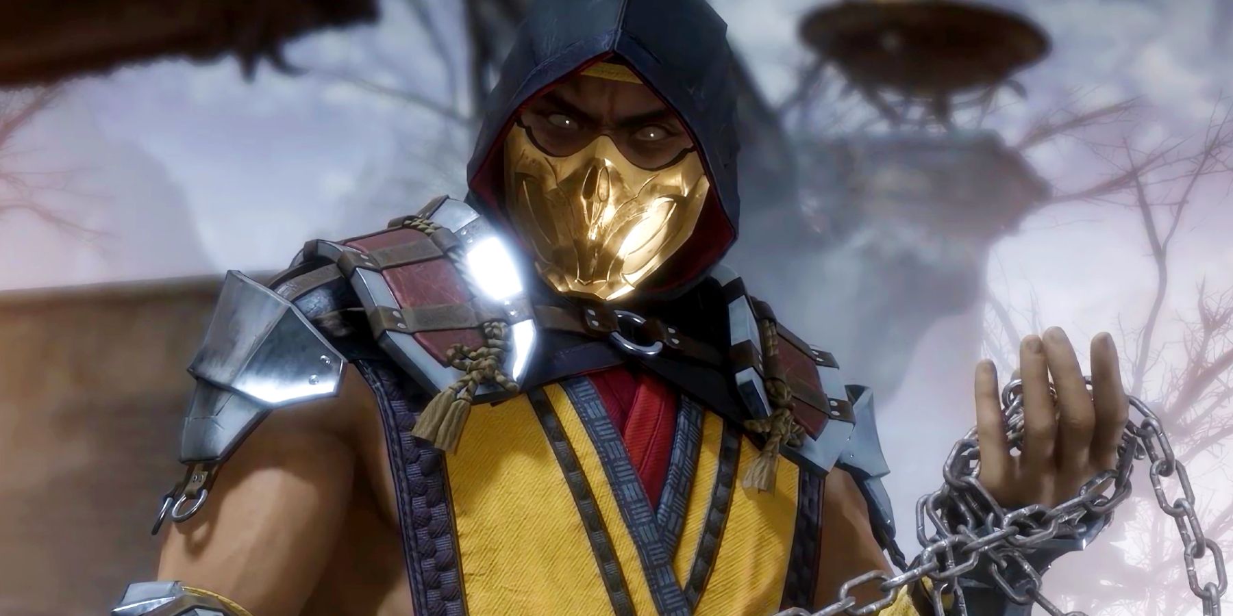 Scorpion from Mortal Kombat 11 with a chain wrapped around his hand.