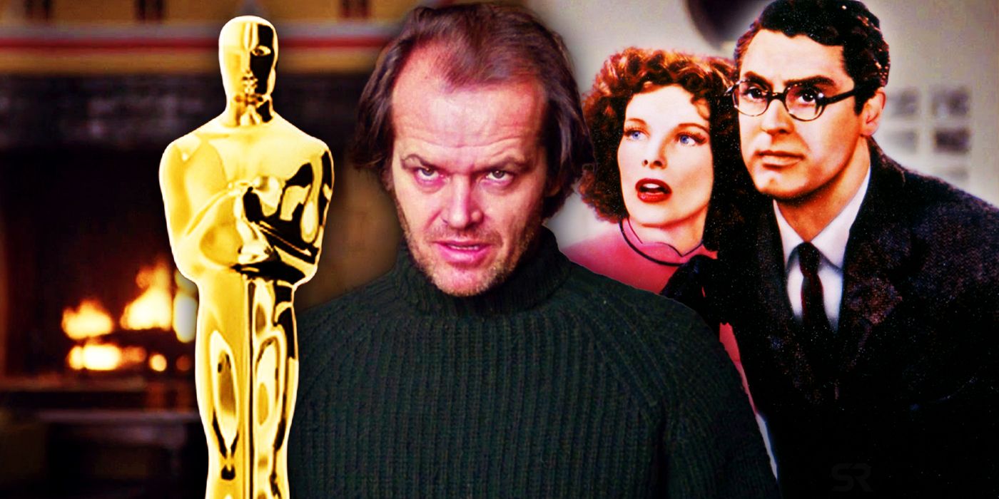 The Oscar Award, Jack Nicholson in The Shining, and Katharine Hepburn and Cary Grant in Bringing Up Baby