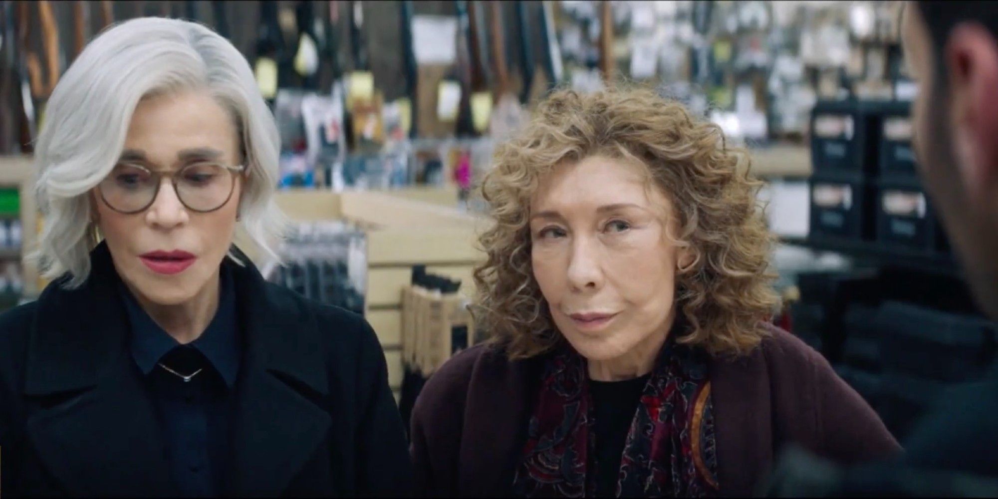 Lily Tomlin and Jane Fonda at a store in Moving On