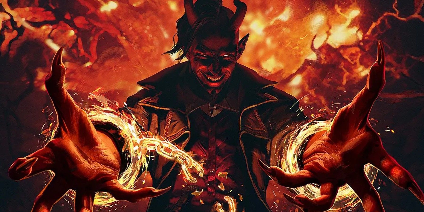 MTG Card, Tibalt's Trickey. Tibalt, resembling a hell demon, doused in flame.