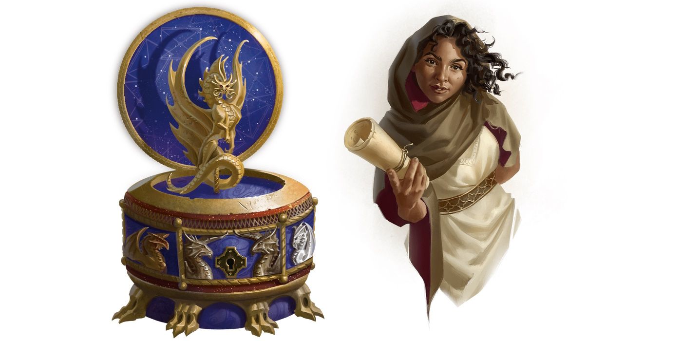 On the left is a intricate blue music box. On the right is artwork of a handler agent offering a scroll.