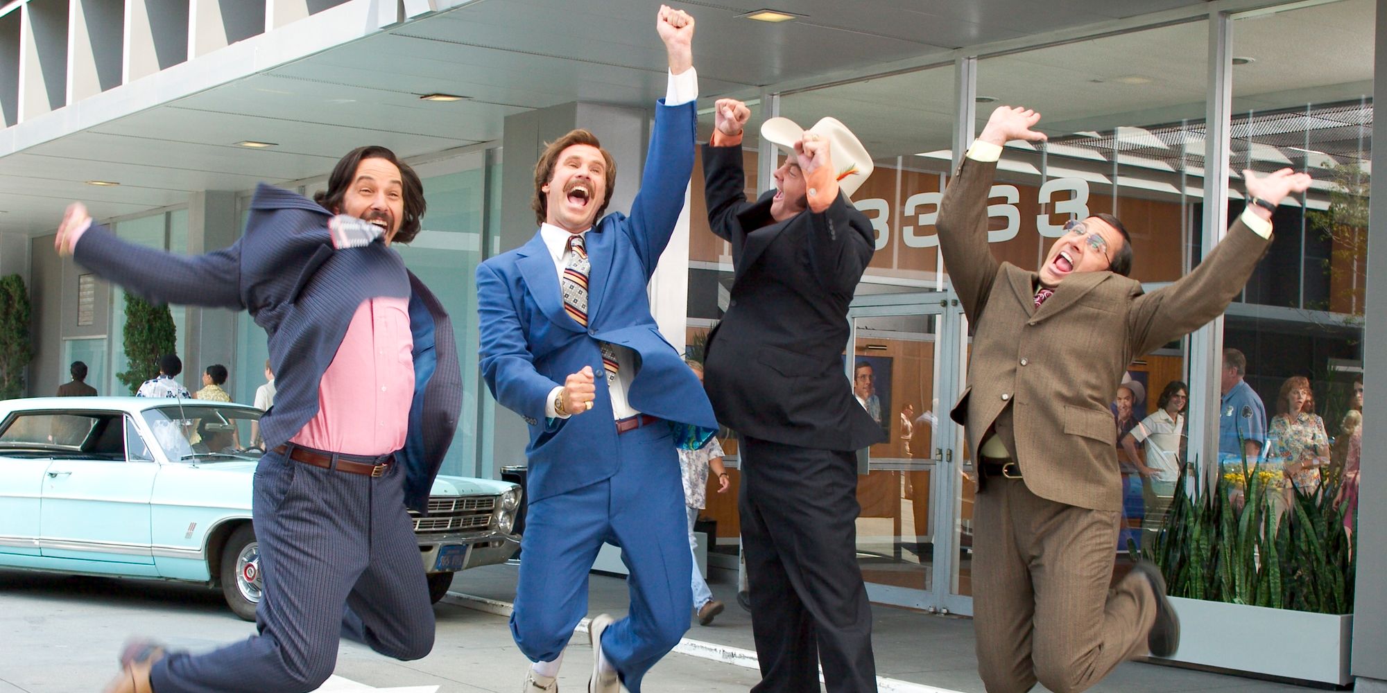 Paul Rudd, Will Ferrell, David Koechner, and Steve Carell leaping with joy in Anchorman