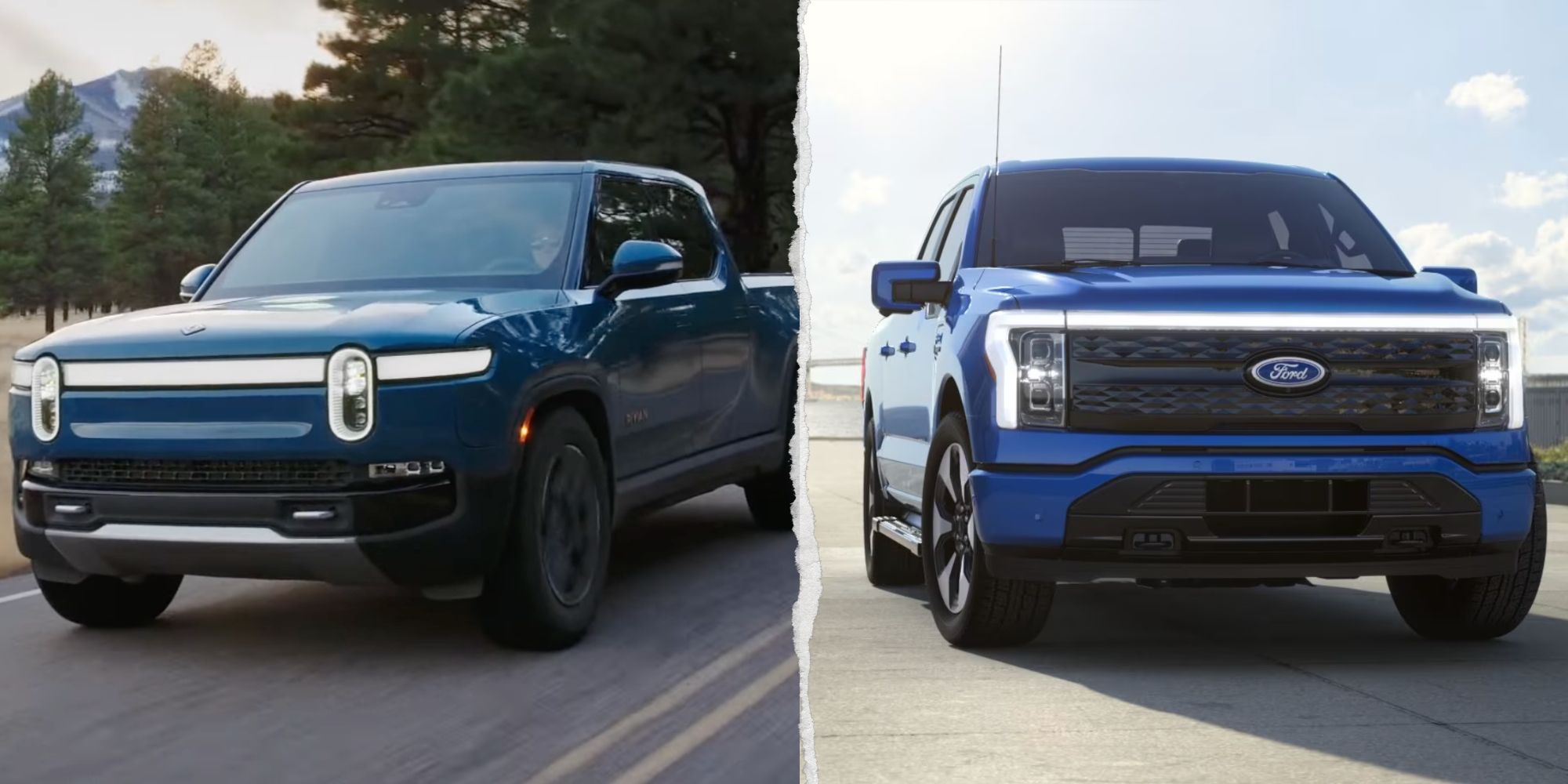 Rivian R1T Vs. Ford F-150 Lightning in a mashup image