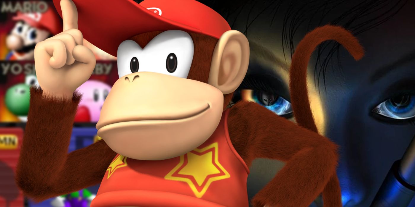 An image of Diddy Kong superimposed over the cover art for Perfect Dark with the original Smash Bros select screen in the background