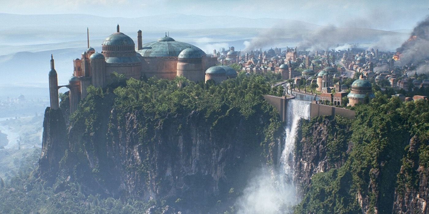 Skyline de Theed, a capital de Naboo em Star Wars: Episódio I - A Ameaça Fantasma.