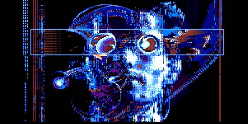 Neuromancer video game cover showing off the main character in '80s computer graphics.