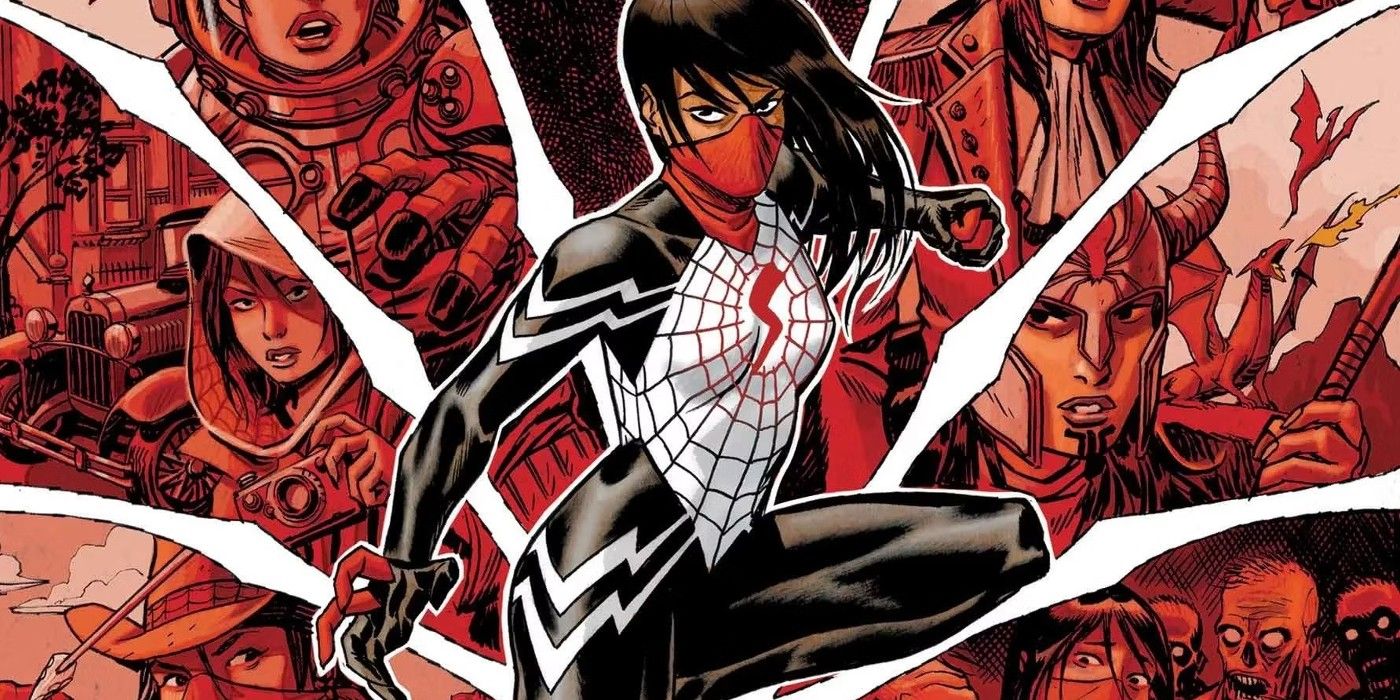 Silk in front of images from across the multiverse in a Marvel Comic