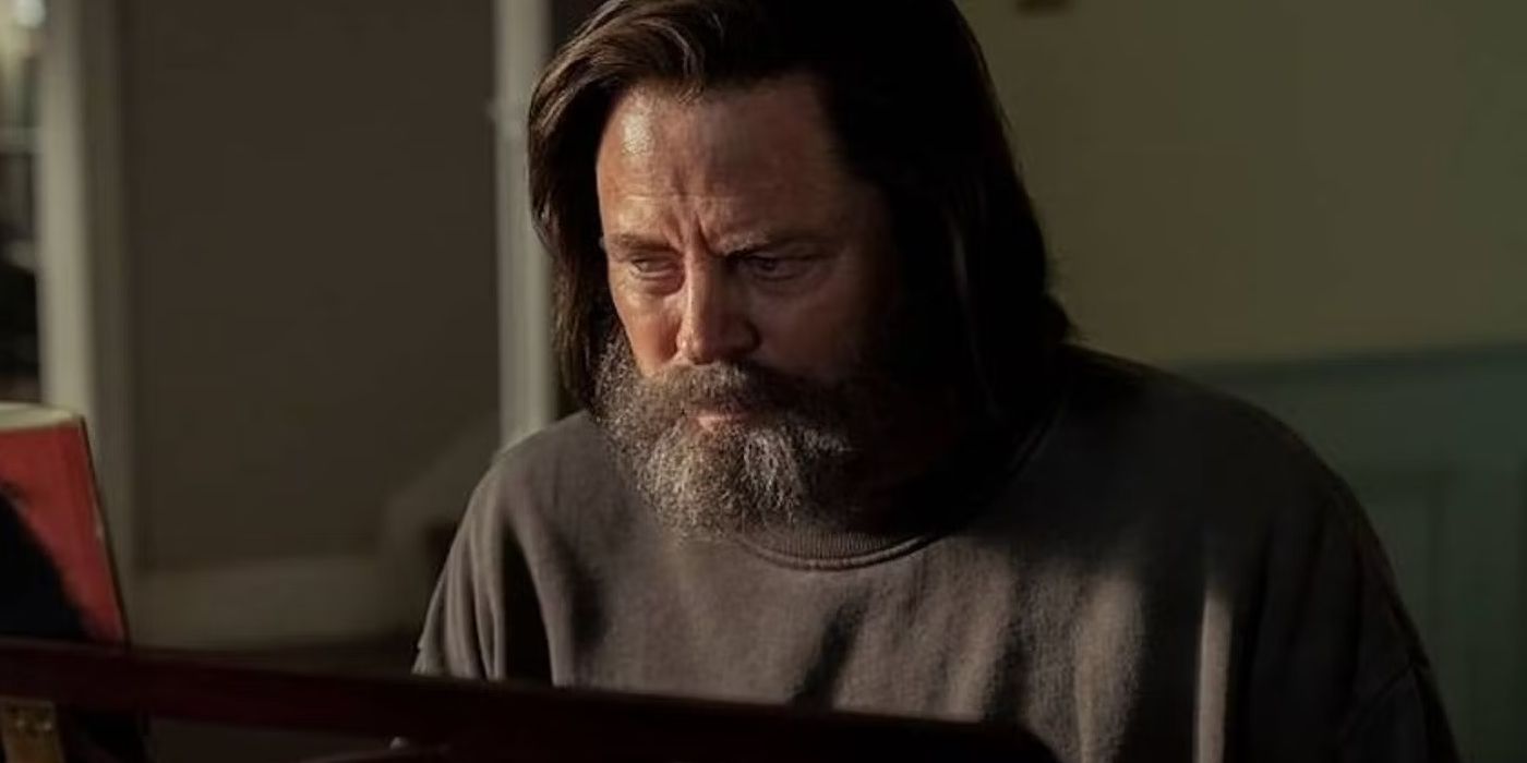 Nick Offerman como Bill em The Last Of Us tocando piano