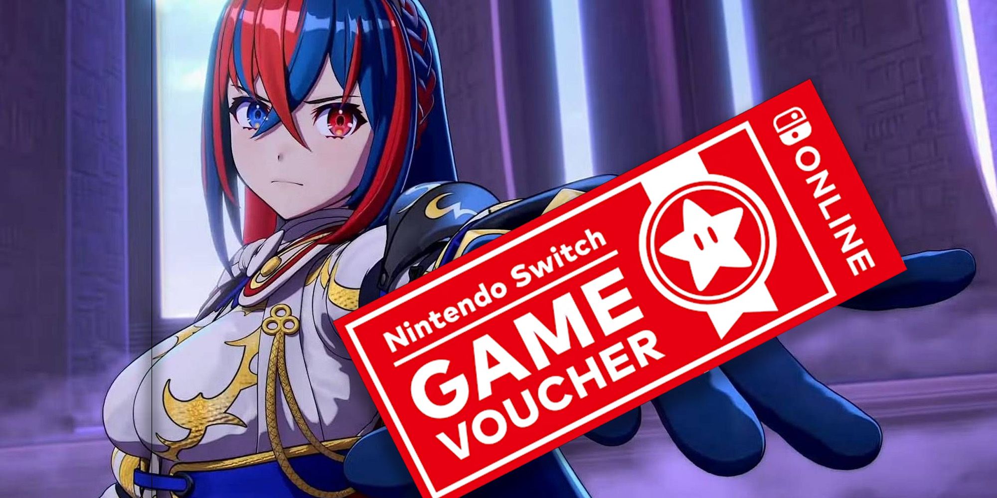 Female Alear from Fire Emblem Engage presenting a red Nintendo Switch game voucher.