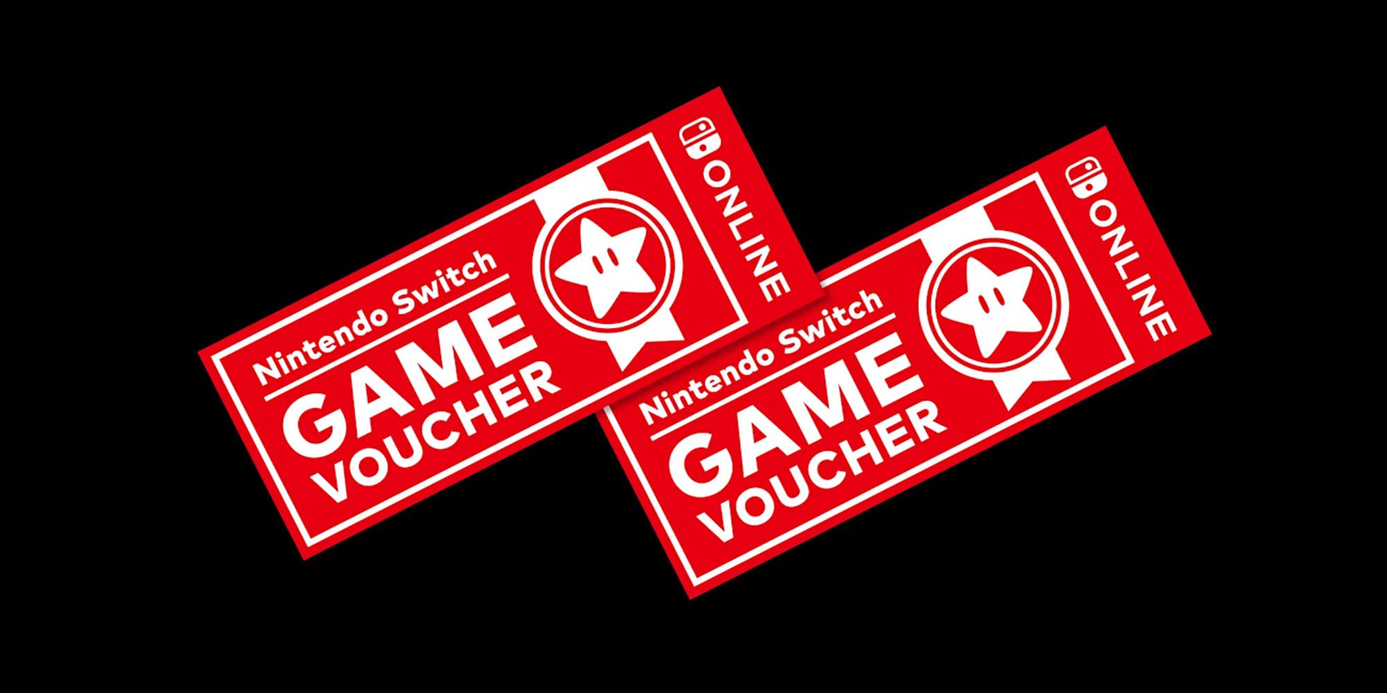 Dois Vouchers vermelhos para jogos do Nintendo Switch em um fundo preto.