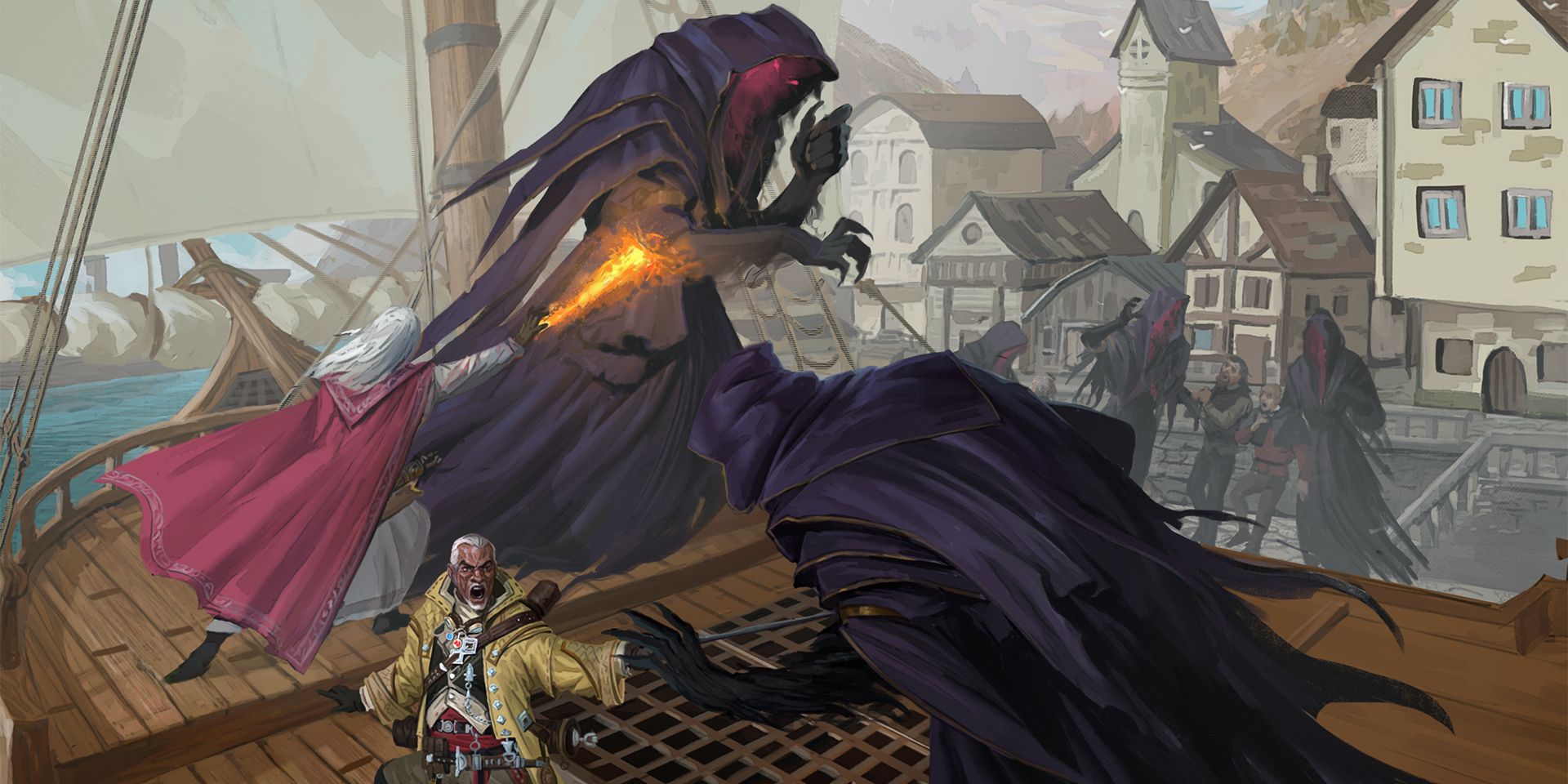 Nobles fend off cloaked creatures with glowing red eyes in the Pathfinder Adventure Path Blood Lords