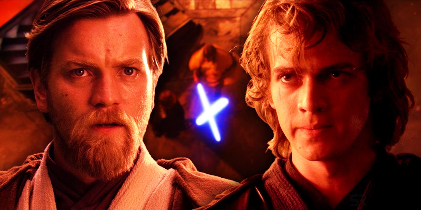 Obi-Wan and Anakin's faces superimposed against their Revenge of the Sith duel