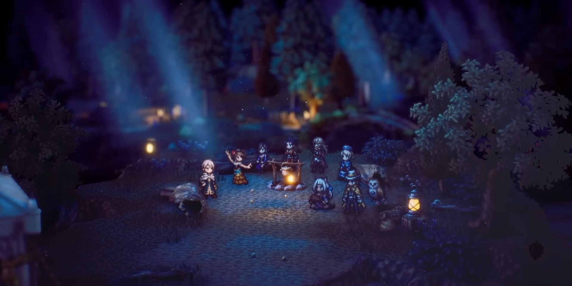 In-game screenshot of Octopath Traveler 2's main characters gathered around a campfire in a dimly lit forest.
