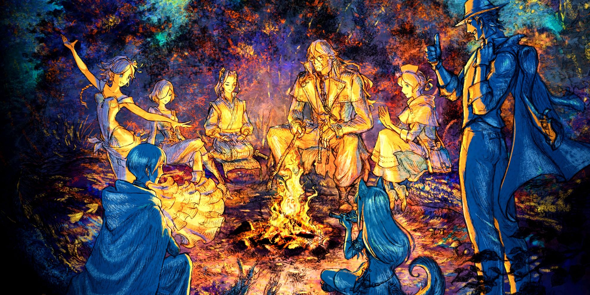 Artwork showing the eight Octopath Traveler 2 characters around a campfire.