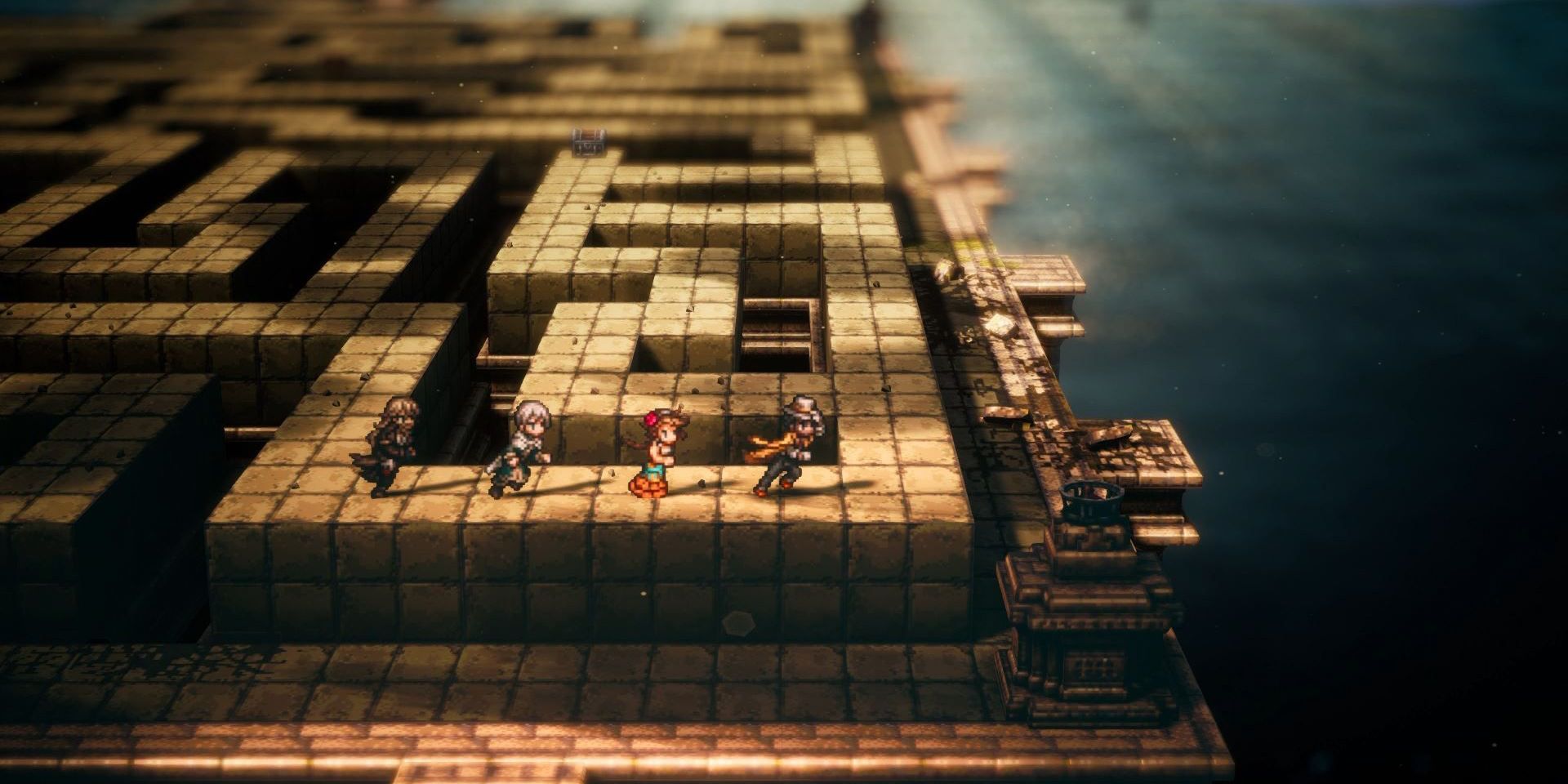 Four Octopath Traveler 2 characters walking on top of a large, stone labyrinth.