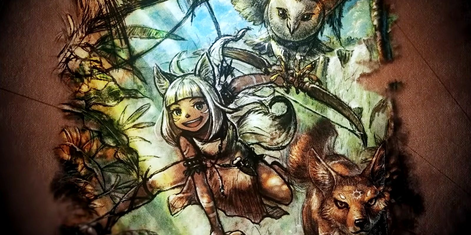 Official Octopath Traveler 2 artwork of Ochette, the hunter and one of eight main characters, holding a bow next to an owl and fox.