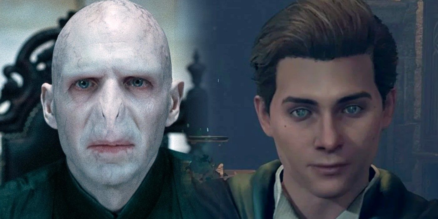 A headshot of Lord Voldemort from Harry Potter on the left, and a headshot of Hogwarts Legacy's Ominis Gaunt on the right.