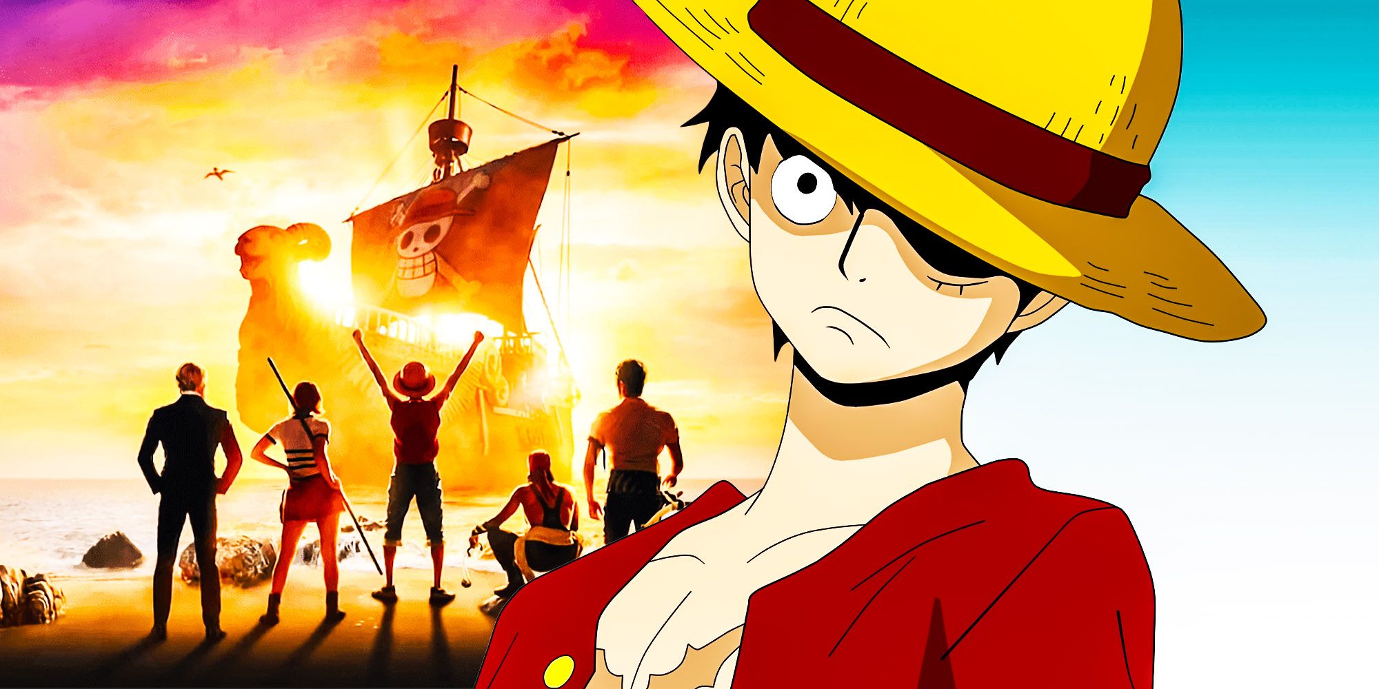 Anime Luffy overlayed over a promotional image of the Straw Hat Pirates from the One Piece live-action adaptation