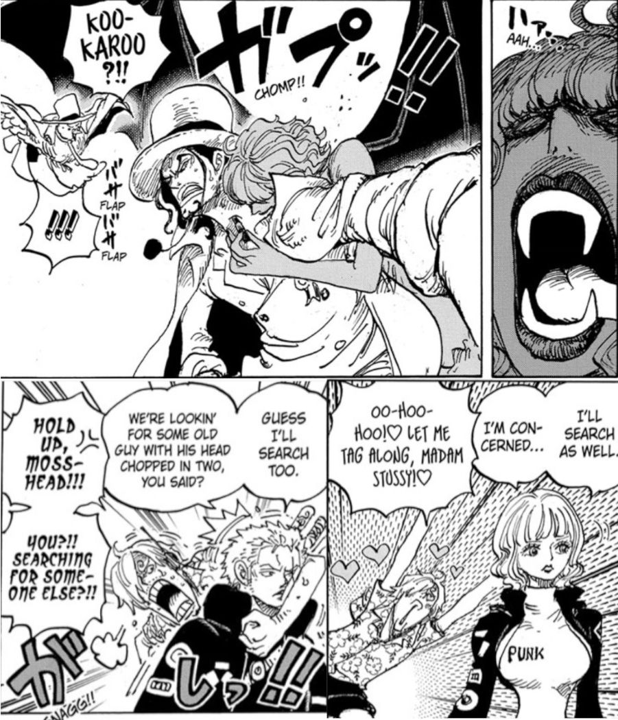 Manga panels show Stussy biting Lucci with large fans. The other panels have a calmer Stussy and Sanji swooning over her. Final panel shows Sanji trying to hold Zoro back from joining the search party.