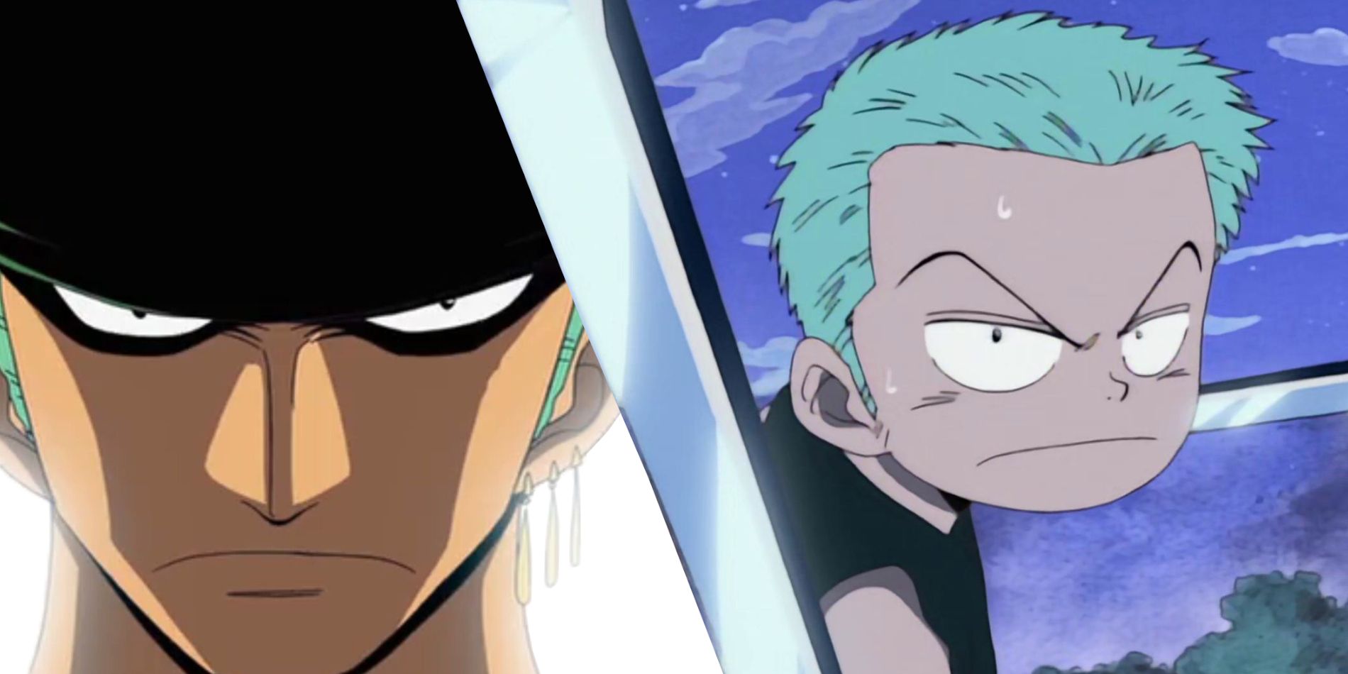 An image shows two version of Zoro from One Piece. One side shows a younger Zoro holding two swords, the other side show a more grown up version of Zoro, with two eyes and his trademark bandana.