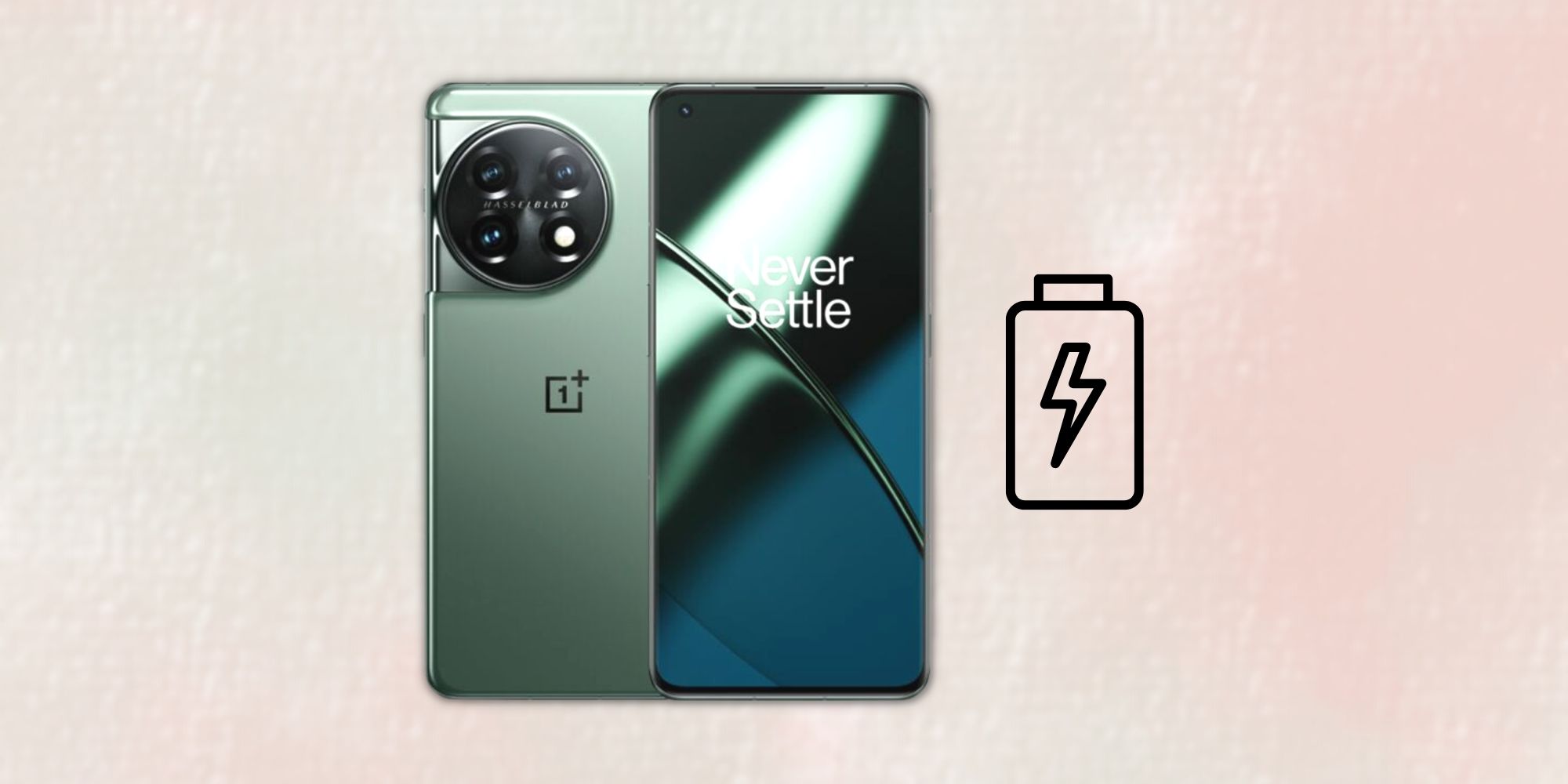 Image of the OnePlus 11 with a battery symbol on its right over an abstract background