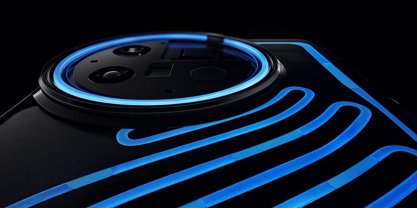 OnePlus 11 Concept showcased from the back, showing blue LED lights zigzagging all over, and a blue LED ring around the camera module