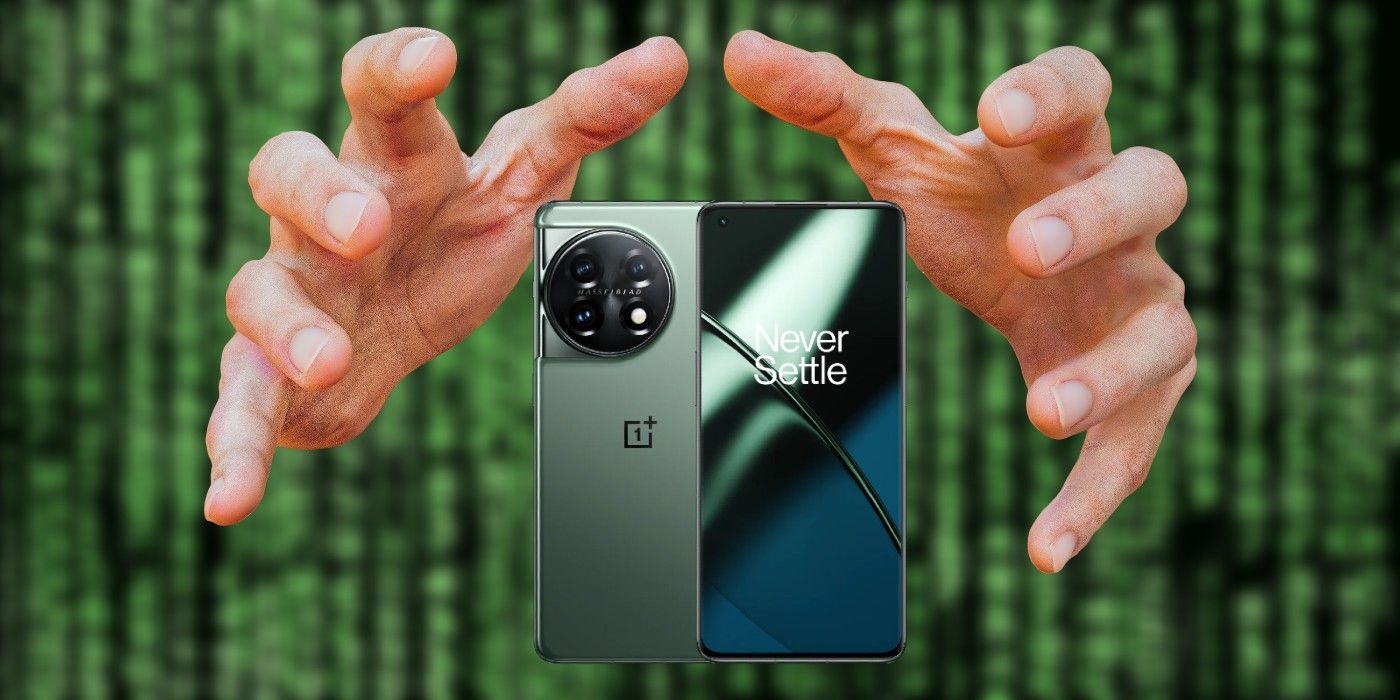 A pair of floating hands trying to grab a OnePlus 11 smartphone, on a green Matrix-style background