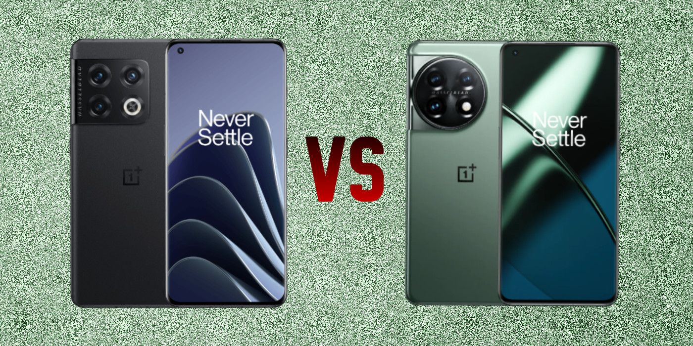 Black OnePlus 10 Pro next to a green OnePlus 11, with the letters 'VS' between them. The background is white with heavy green noise