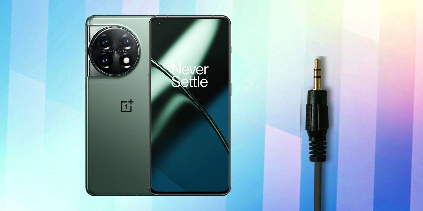 OnePlus 11 in green, pictured from the front and back, next to a 3.5mm headphone jack on a custom background with a striped pattern.