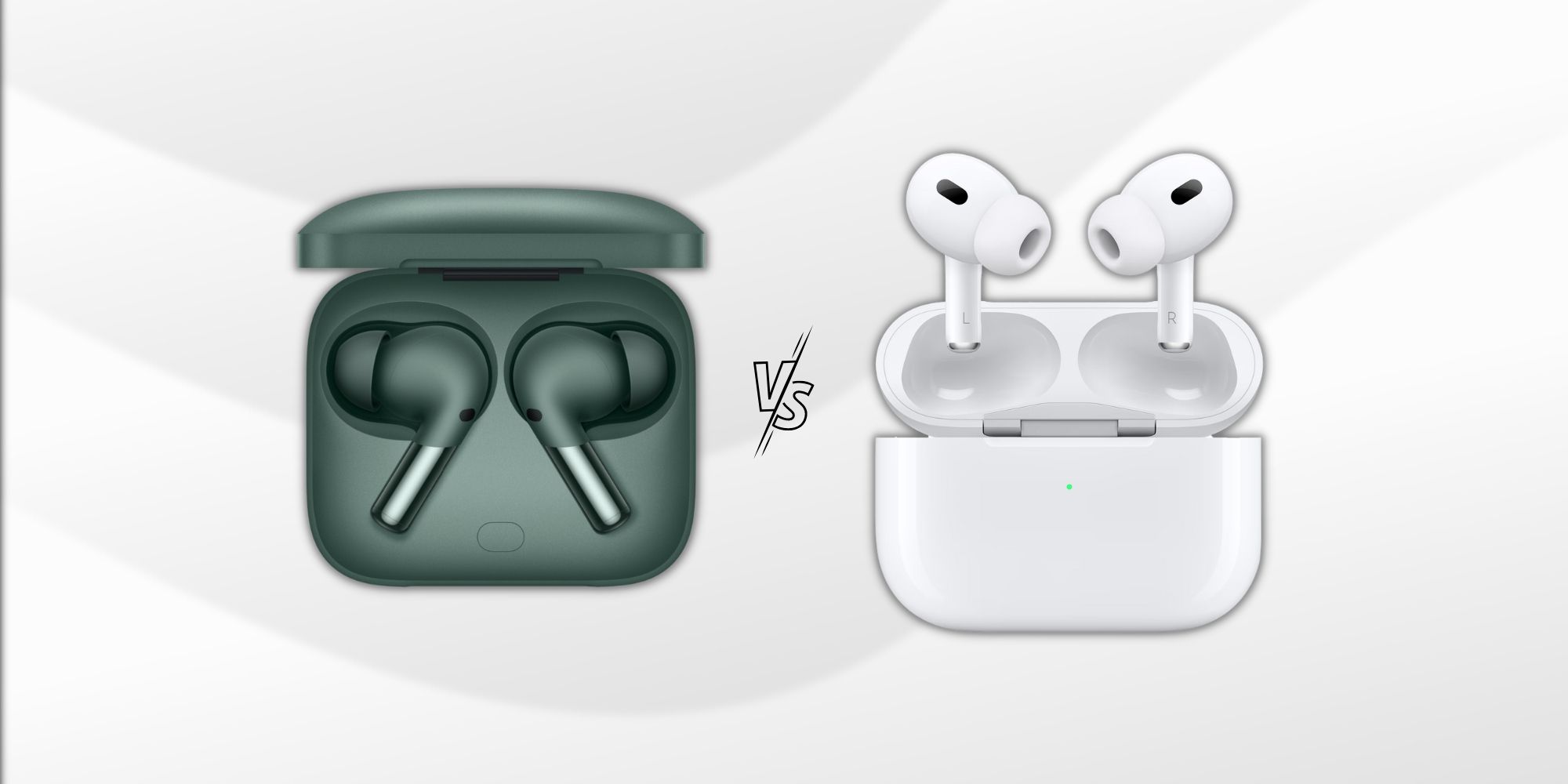 Image of the OnePlus Buds Pro 2 in green color and AirPods Pro 2 in white color over a gray background