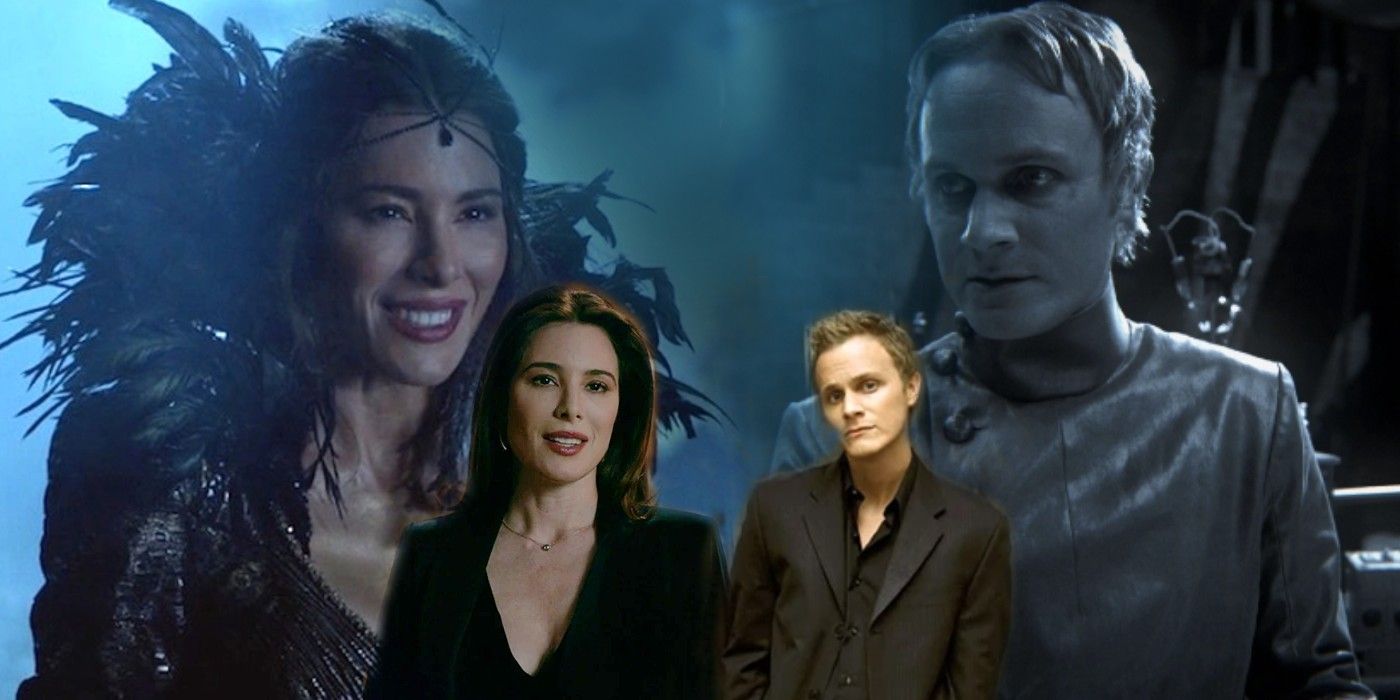 Jaime Murray as the Black Fairy in Once Upon a Time and Antoinette Sienna in The Originals, along with David Anders as Doctor Frankenstein in Once Upon a Time and John Gilbert in The Vampire Diaries