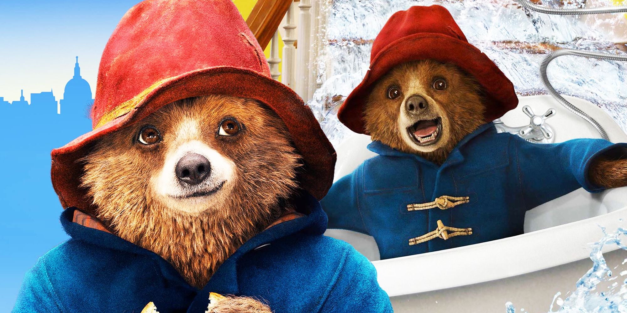 A collage of Paddington - him smiling and him in a bathtub - in Paddington 2