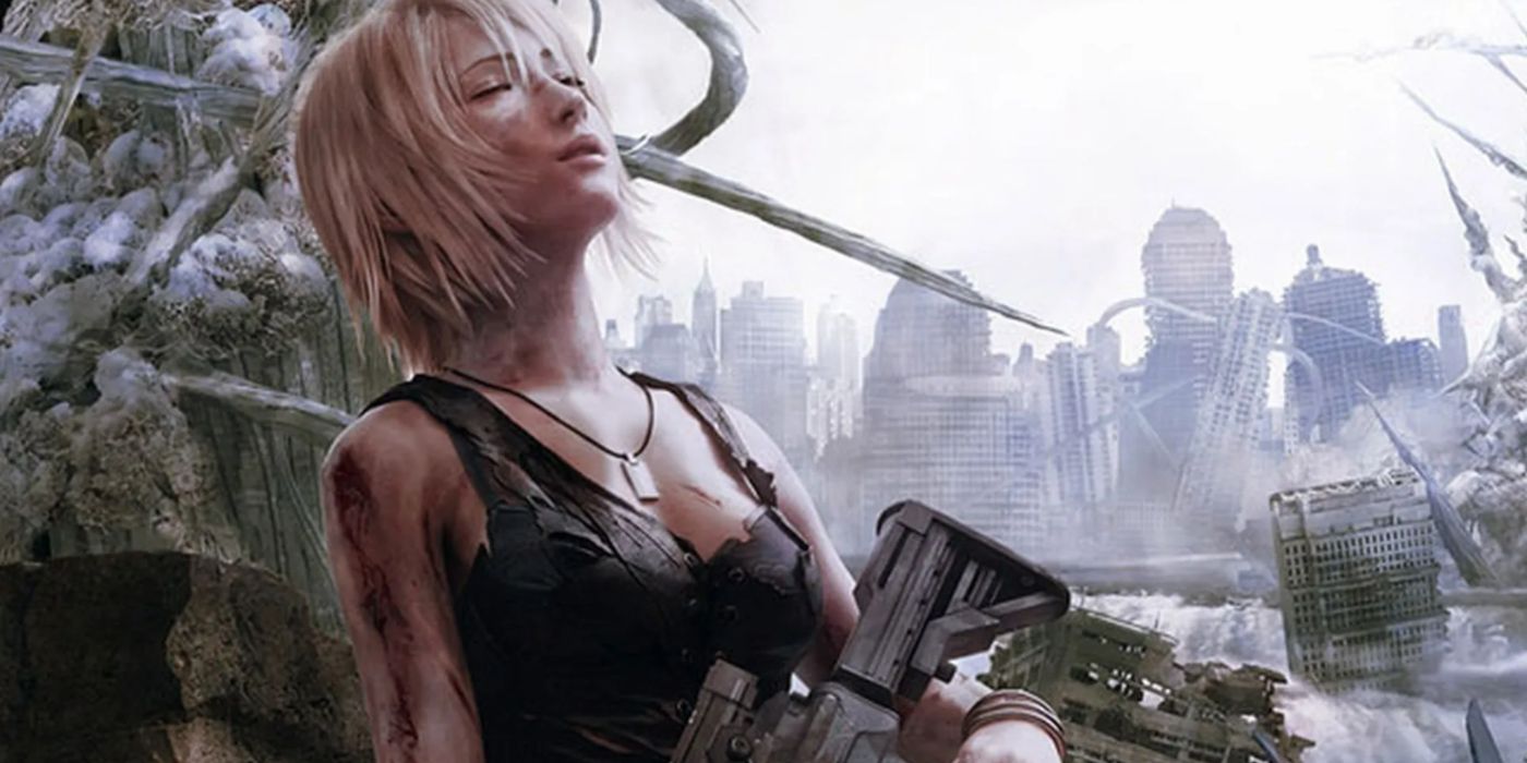 Uma Aya Brea ensanguentada e exausta segurando sua arma na arte principal de Parasite Eve.