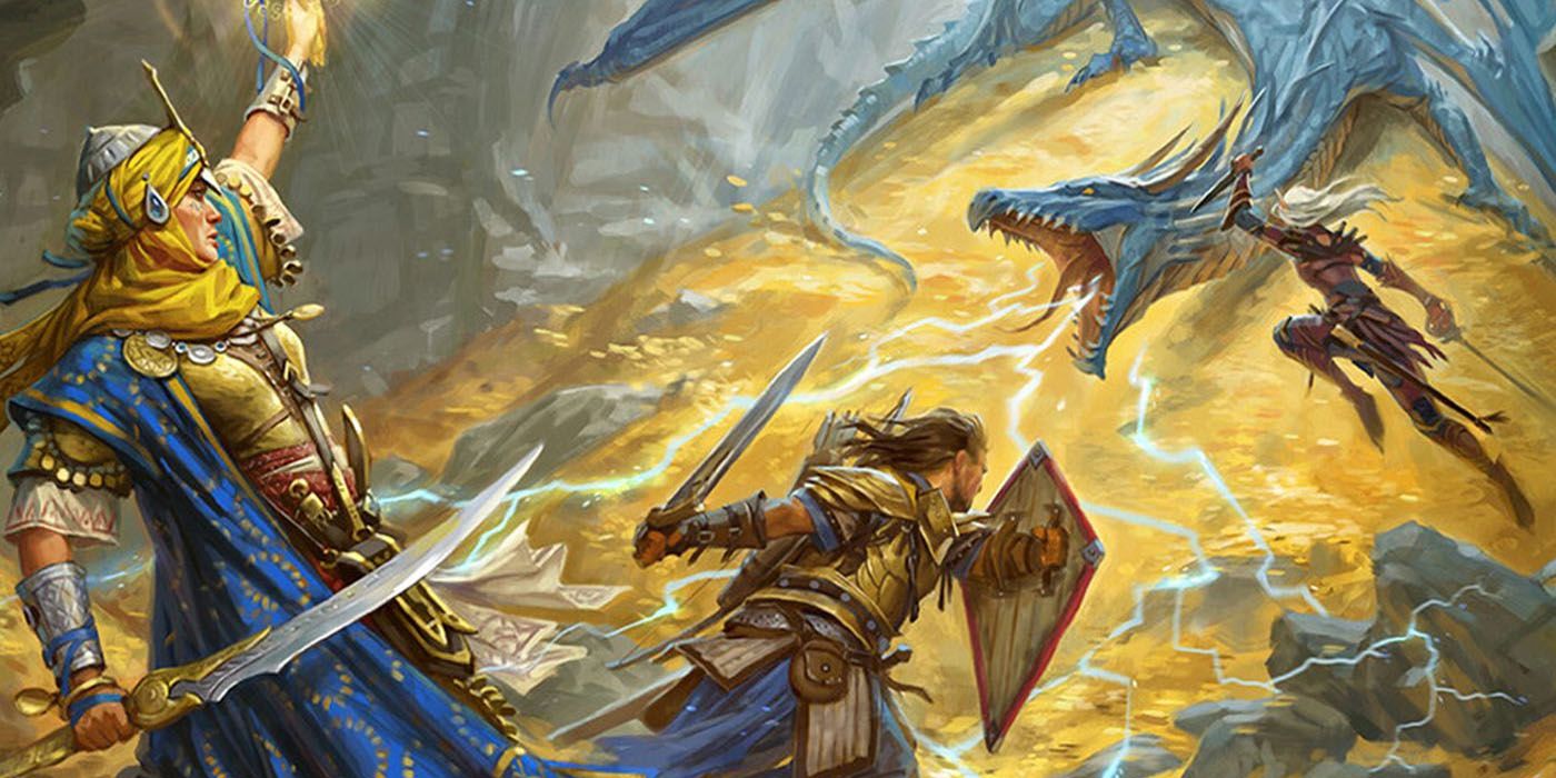 Pathfinder Cleric Fighter e Rogue atacam um dragão