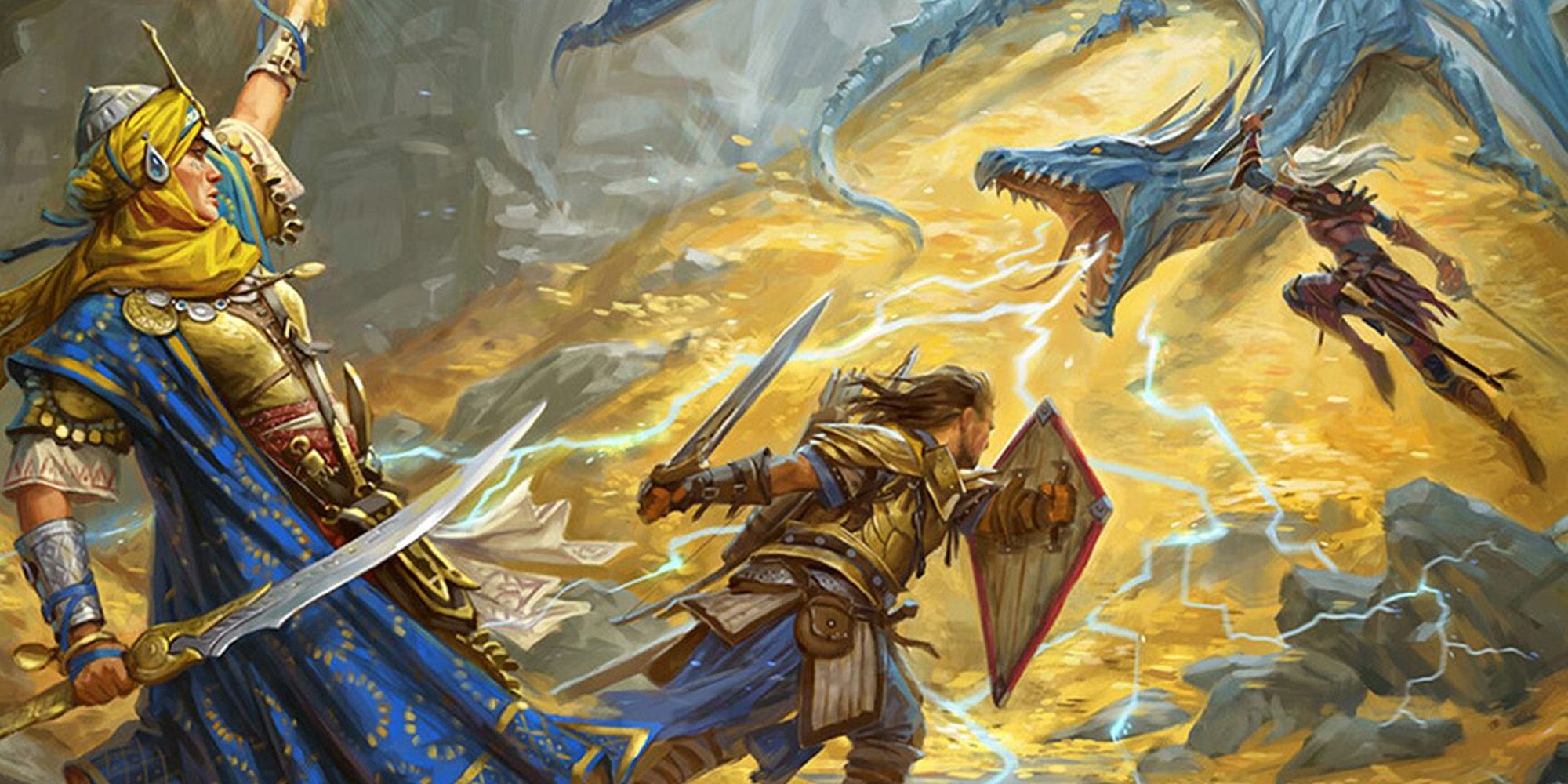 A Pathfinder party bedecked in blue and gold rushes at a blue dragon atop a hoard of gold.