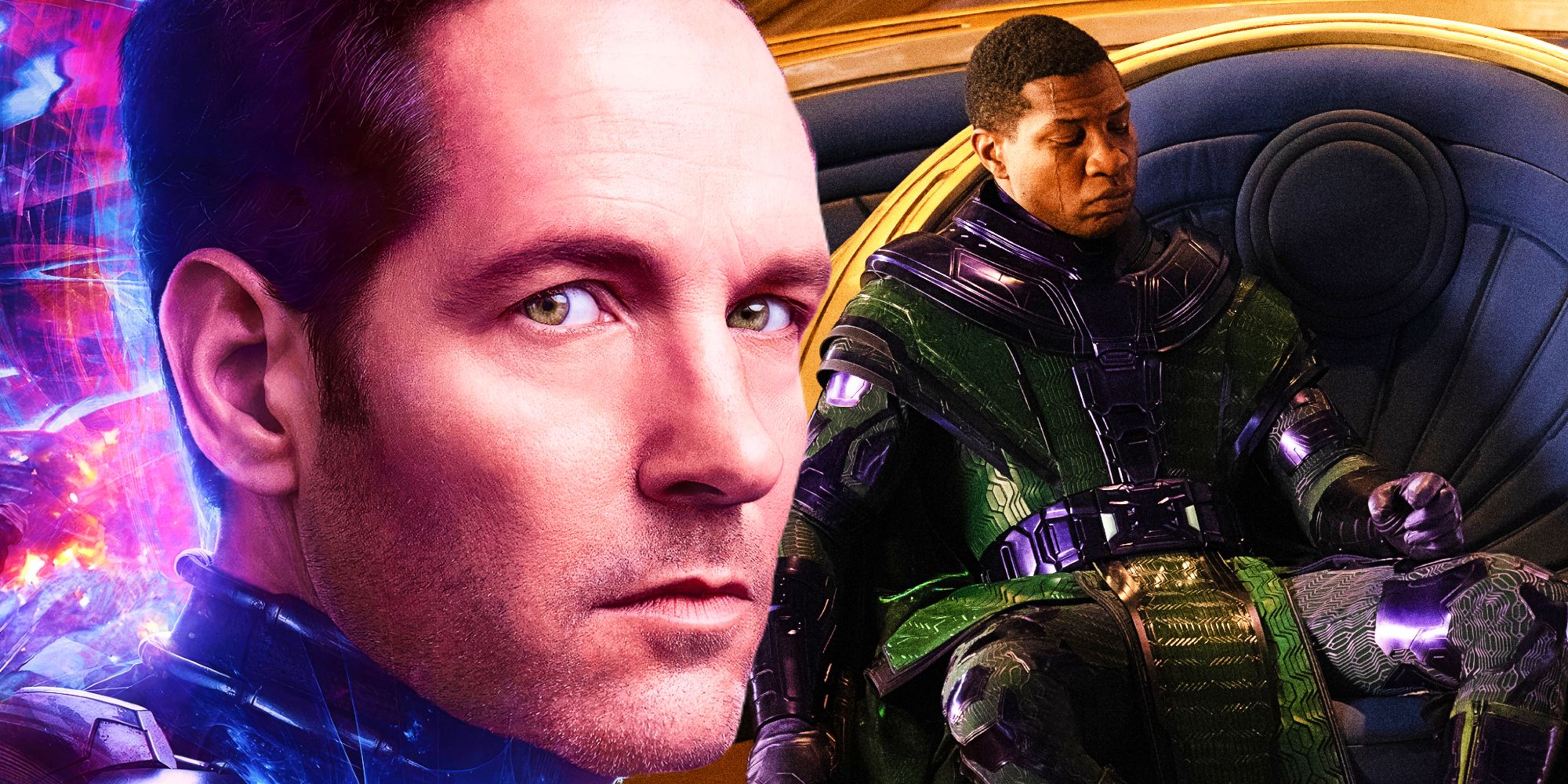 Paul Rudd as Scott Lang and Jonathan Majors as Kang the Conqueror in Ant-Man and the Wasp Quantumania