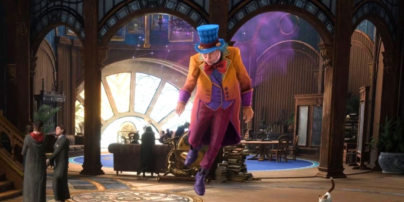 Peeves wearing a colorful suit and blue hat in the Hogwarts Legacy game